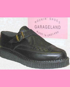 Black leather pointed toe buckle creeper