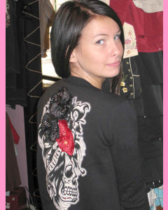 Los Muertos Cardigan. Los Muertos print and appliqued velvet flowers on the back