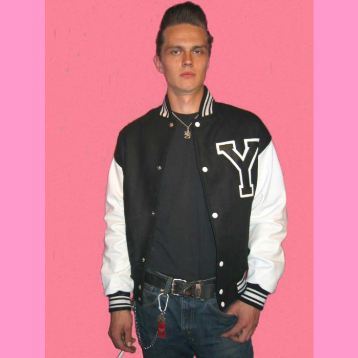 Baseball Jacket, Black/White Leather Sleeves - Garageland