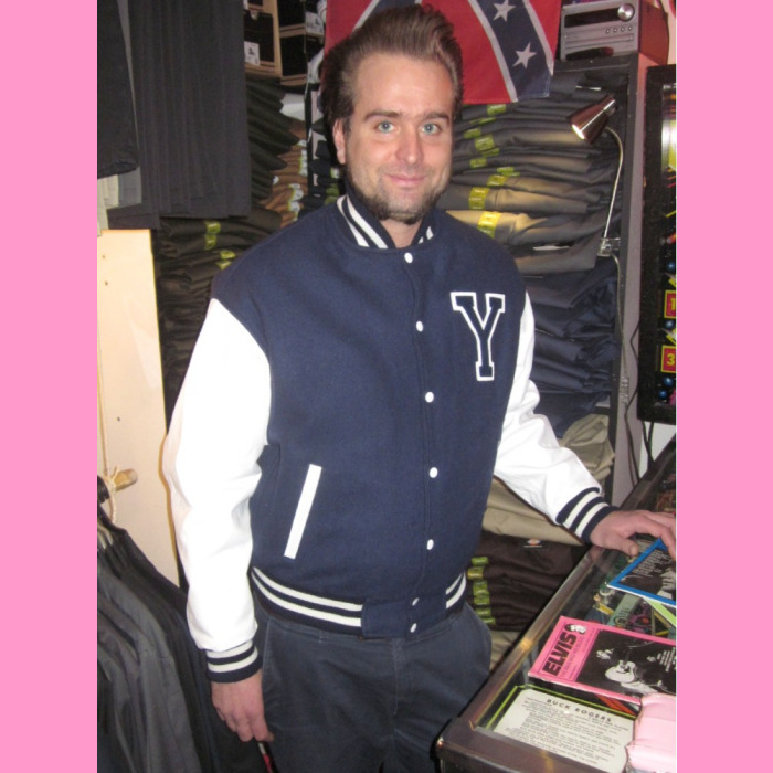 blue and white baseball jacket