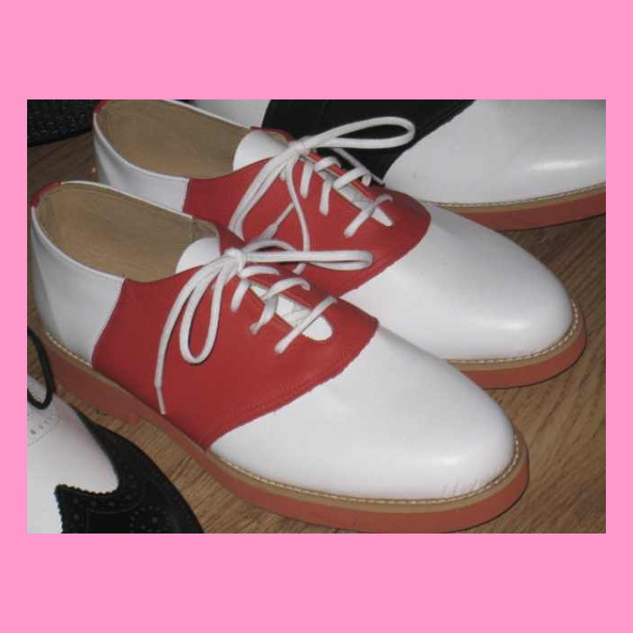 red and white saddle shoes