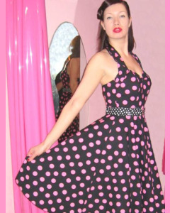 Black 50´s Halterneck Circular Dress With Large Pink Polka Dots