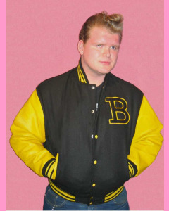 Baseball Jacket. Black melton body and yellow leather sleeves