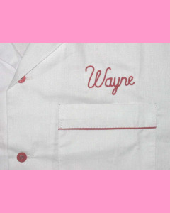 Embroidered Wayne above the left pocket