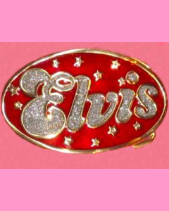 Red Elvis Oval Buckle with silver glitter