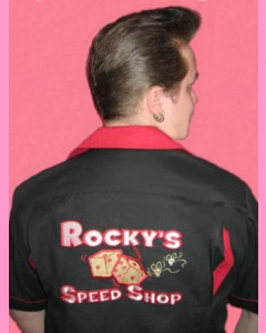Rocky's Speed Shop Bowling Shirt. Large embroidery on the back. 