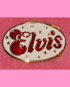 White Elvis Oval Buckle with red glitter