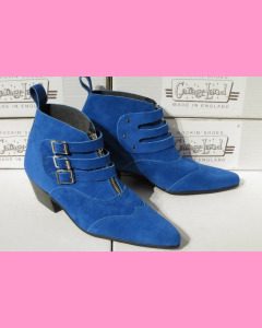 Blue Suede Chelsea Strap Boots with Cuban heel
