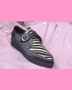 Black leather and zebra fur pointed buckle creepers