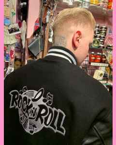 Black Melton Baseball Jacket with black leather sleeves. 
Rock 'n' Roll embroidery on the back