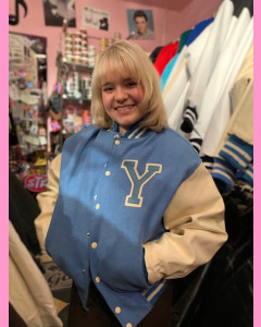 Baby Blue Baseball Jacket with off-white leather sleeves