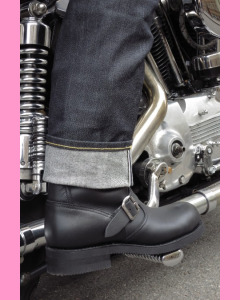 Black greasy leather biker boot with steel toe