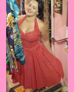 Red 50´s Halterneck Circular Dress With Small White Polka Dots