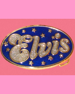 Blue Elvis Glitter Oval Buckle with silver glitter 