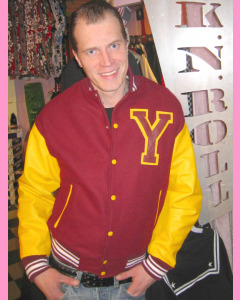 Maroon baseball jacket with yellow leather sleeves