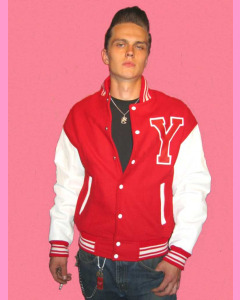 Red baseball jacket with white leather sleeves
