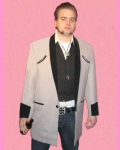 Teddy Boy Drape. Light grey body with black velvet trim