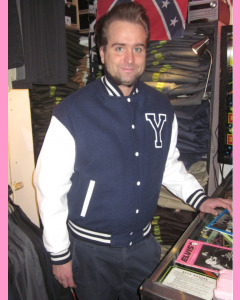 Navy Melton/White Leather Sleeves Baseball Jacket