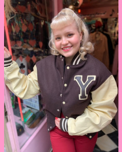 Youth Baseball Jacket, Dark Brown/White leather sleeves