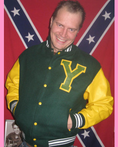 Green Baseball jacket with yellow leather sleeves